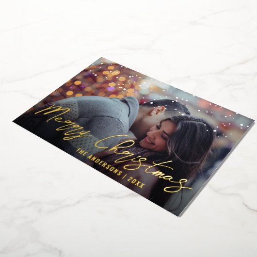 エレガント ミニマル メリークリスマス カスタム フォト 箔シーズンカード (回転した状態)