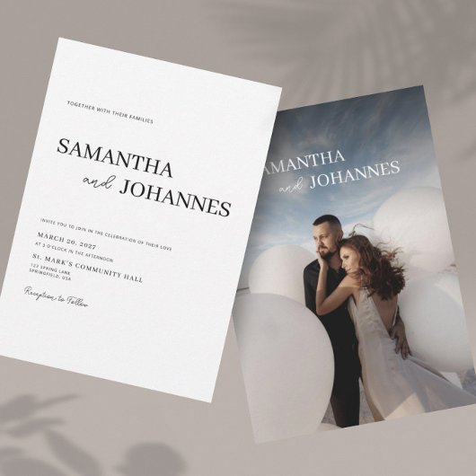 エレガント ミニマル モダン ホワイト フォト ウェディング 招待状