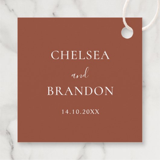エレガント ミニマル ラスティック テラコッタ スクリプト ウェディング フェイバータグ (裏面)
