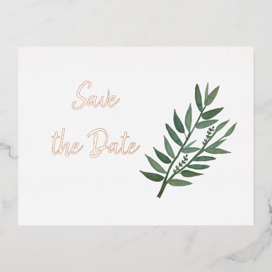 エレガント ミニマル ローズゴールド Save the Date 実物 箔招待状ポストカード (正面)