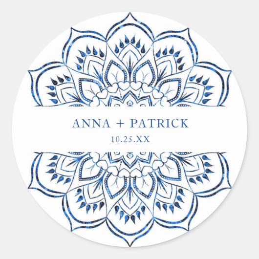 エレガント メタリック ブルー マンダラ オーダーメイド ラウンドシール (正面)