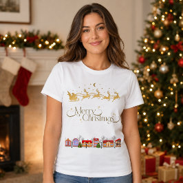 エレガント メリークリスマス サンタのそり レディース Tシャツ