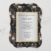 エレガント&モダンの結婚フローラDAMASKブラック 招待状 (正面/裏面)