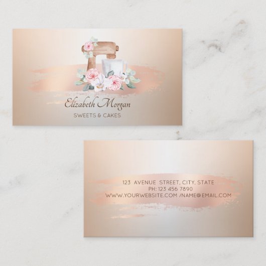 エレガント,モダンバラ金ゴールドブラシストロークミキサーフラワー 名刺 (正面/裏面)