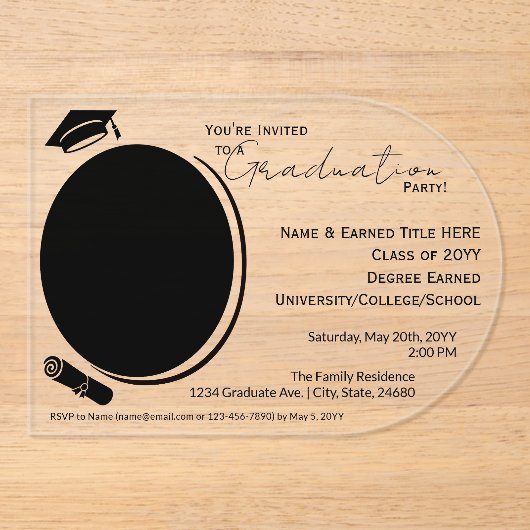 エレガント,モダン卒業写真，黒パーティー アクリル招待状 (正面)