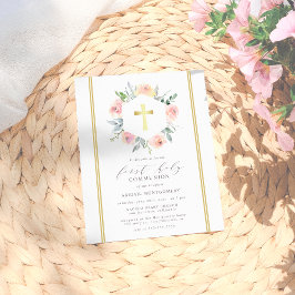 エレガント&モダン金ゴールドフローラ第1聖餐式 インビテーションポストカード