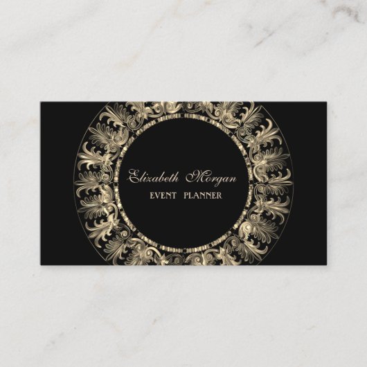 エレガント,モダン黒，金ゴールドフレーム渦巻き 名刺 (正面)