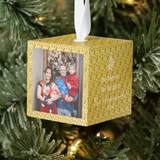 エレガント モダン おしゃれな 3 人家族のクリスマス フォト キューブオーナメント (ツリー)