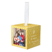 エレガント モダン おしゃれな 3 人家族のクリスマス フォト キューブオーナメント (正面アングル)