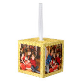 エレガント モダン おしゃれな 3 人家族のクリスマス フォト キューブオーナメント (裏面アングル)