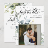 エレガント モダン グリーンリーフ QRコード フォト ウェディング セーブザデート (正面/裏面)