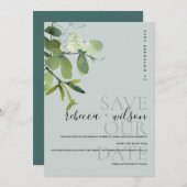 エレガント モダン グリーン グレー ユーカリ 水彩画 セーブザデート (正面/裏面)
