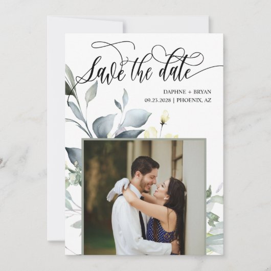 エレガント モダン グリーン リーフ QR コード フォト ウェディング セーブザデート (正面)