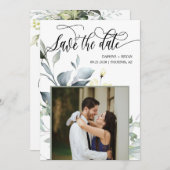 エレガント モダン グリーン リーフ QR コード フォト ウェディング セーブザデート (正面/裏面)