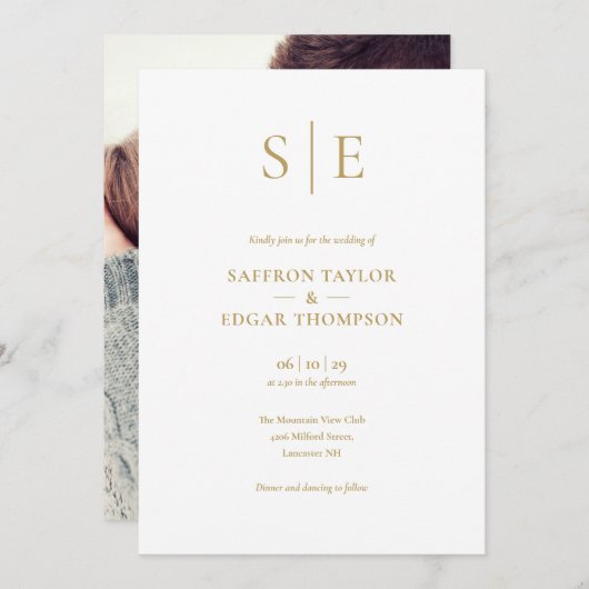 エレガント モダン ゴールド モノグラム フォト ウェディング 招待状 (正面/裏面)
