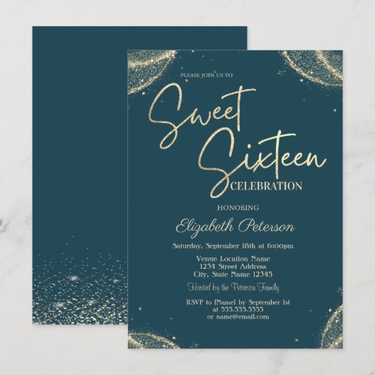 エレガント モダン シンプル ゴールド グリッター スウィート16 招待状 (正面/裏面)