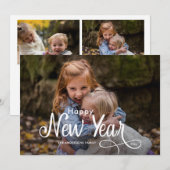 エレガント モダン ハッピー ニューイヤー 3 フォト スクリプト シーズンカード (正面/裏面)
