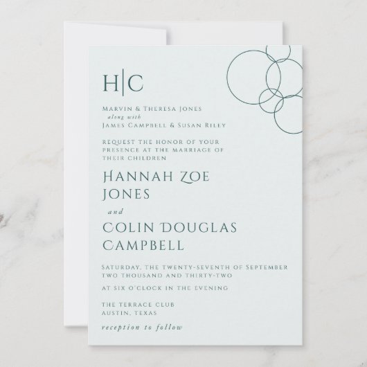 エレガント モダン バブル ジオメトリック グレー & ダーク ティール 招待状 (正面)