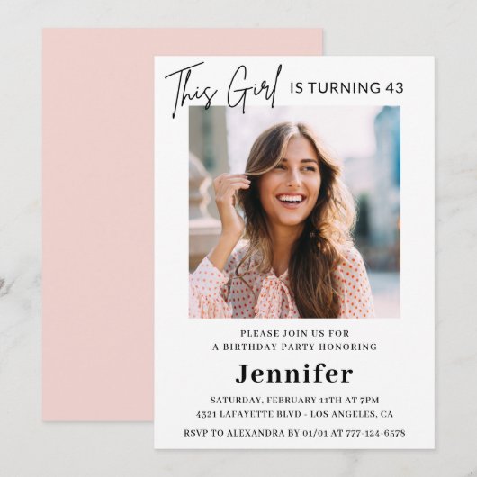 エレガント モダン ピンク フォト 43歳の誕生日 招待状 (正面/裏面)