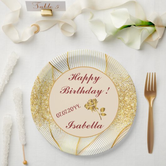 エレガント モダン フラワー ゴールド ホワイト ライン コレクション ペーパープレート (ウェディング)