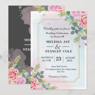 エレガント モダン フローラル グリーナリー 水彩 結婚式 招待状