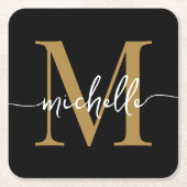 エレガント モダン ブラック ゴールド モノグラム 名前 スクリプト スクエアペーパーコースター (正面)