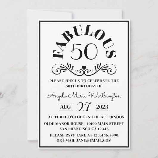 エレガント モダン ブラック ホワイト ファビュラス フィフティ パーティー 招待状 (正面)