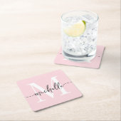 エレガント モダン ブラッシュ ピンク モノグラム 名前 スクリプト スクエアペーパーコースター (インサイチュ)