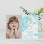エレガント モダン ブルー ウォーターカラー ゴールド クロス 洗礼 招待状 (スタンド正面)