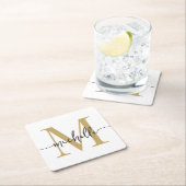 エレガント モダン ホワイト ゴールド モノグラム 名前 スクリプト スクエアペーパーコースター (インサイチュ)