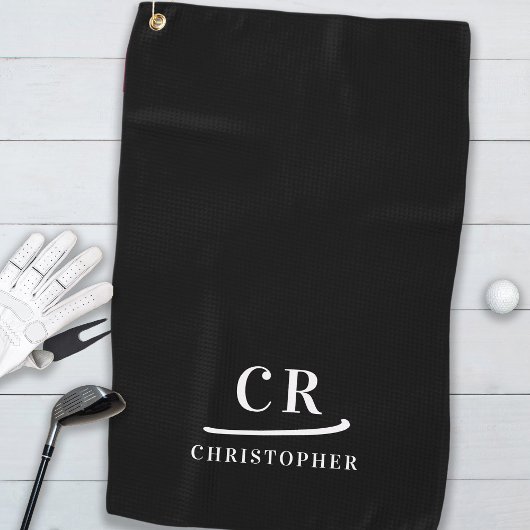 エレガント モダン モノグラムイニシャル 名前 ブラック ホワイト ゴルフタオル