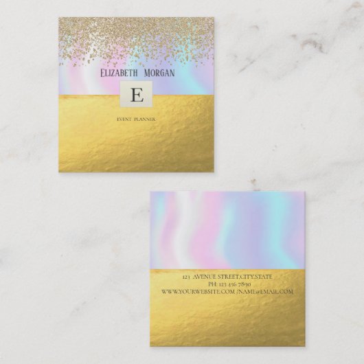 エレガント モダン モノグラム ゴールド ダイヤモンド ホログラム スクエア名刺 (正面/裏面)
