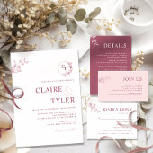 エレガント モダン モノグラム ピンク ワインレッド 結婚式 招待状