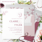 エレガント モダン モノグラム ピンク ワインレッド 結婚式 招待状