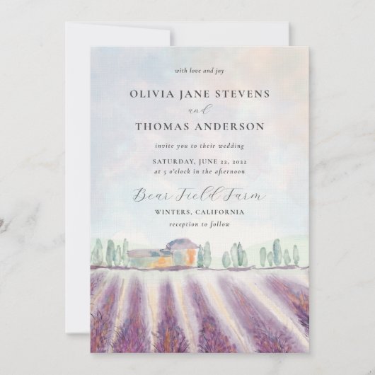 エレガント モダン ラベンダー フィールド オールインワン ウェディング 招待状 (正面)