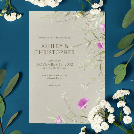 エレガント モダン ワイルドフラワー タウペ ウェディング 招待状