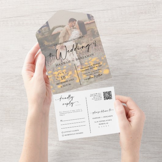 エレガント モダン ヴェローナ 日没 アーチ QR コード フォト オールインワン招待状 (貼ってはがせる)