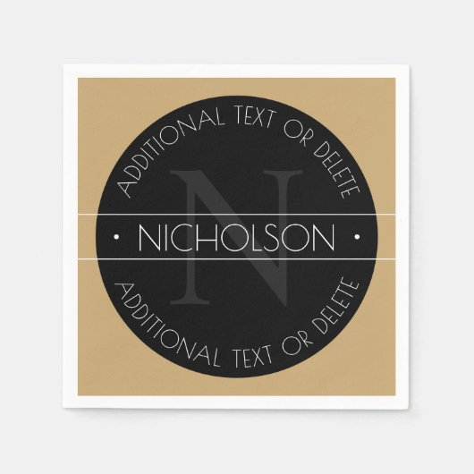 エレガント モダン 編集可能 モノグラム ブラック ホワイト ゴールド スタンダードカクテルナプキン (正面)