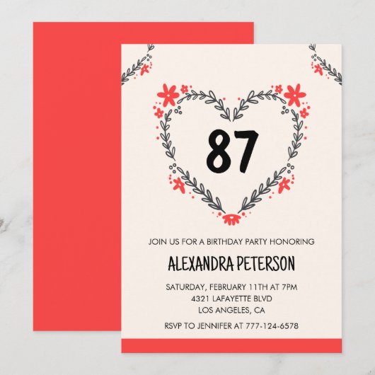 エレガント モダン 誕生日 花 ハート 87歳 招待状 (正面/裏面)