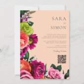 エレガント モダン QR コード 花 peach ウェディング 招待状 (正面)