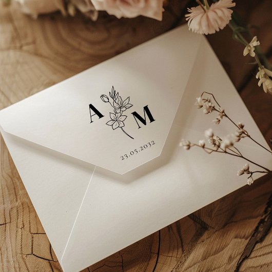 エレガント、モノグラム、ラインアートの花結婚の ラバースタンプ