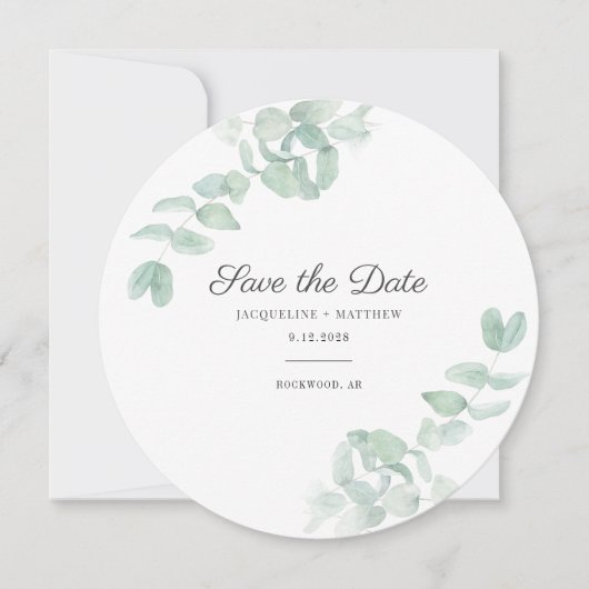 エレガント ユーカリ 葉 グリーン Save the Date (正面)