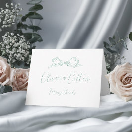 エレガント ライトグリーン 手描き リボン 結婚式 サンキューカード