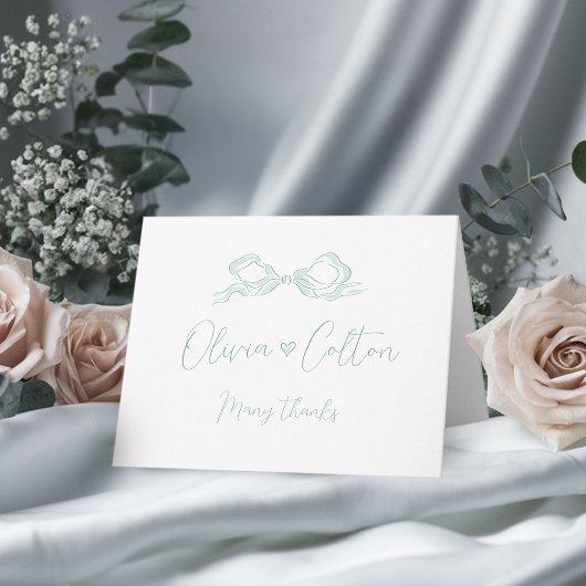 エレガント ライトグリーン 手描き リボン 結婚式 サンキューカード