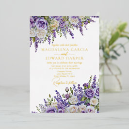 エレガント ライトパープル ラベンダー 薔薇 花嫁 ウェディング 箔招待状