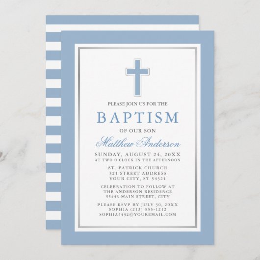 エレガント ライトブルー シルバー 洗礼 ストライプ 招待状 (正面/裏面)