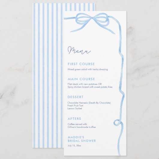エレガント ライトブルー ボウ ブライダルシャワー パーティー メニュー (正面/裏面)