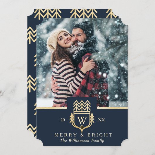 エレガント&レガル家紋金ゴールド&ネイビー写真 シーズンカード (正面/裏面)