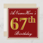 エレガント、レッド、偽のゴールド 67歳の誕生日; オーダーメイド ネーム 招待状 (正面/裏面)