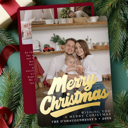 エレガント レトロ メリークリスマス スクリプト フォト 箔シーズンカード